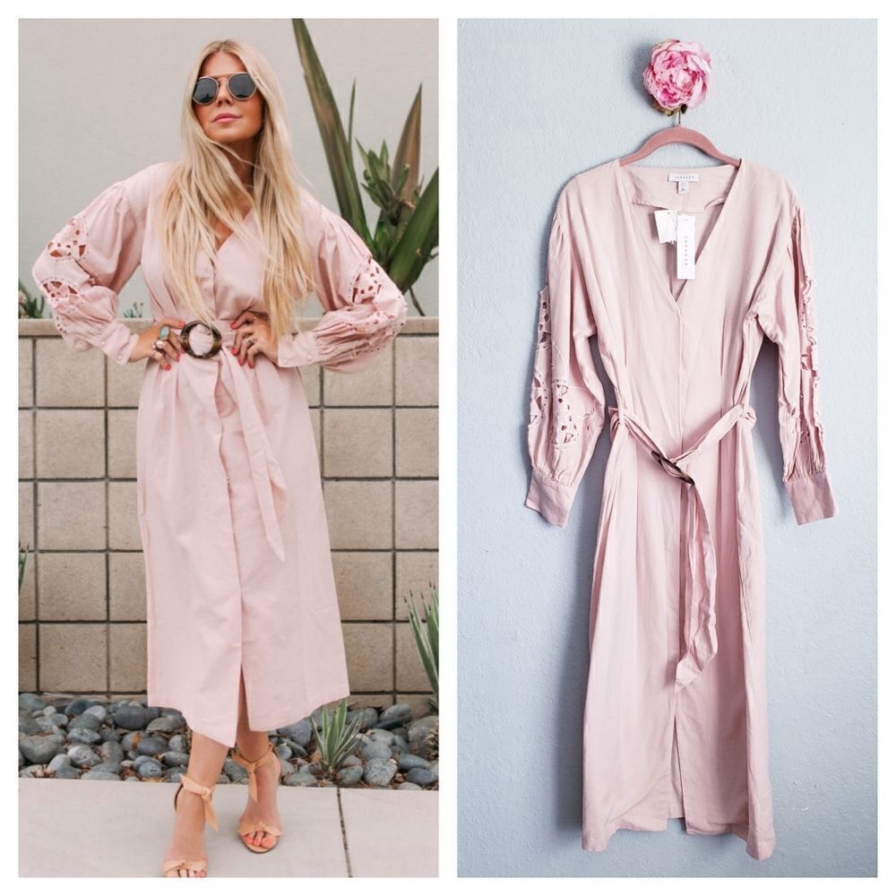 Topshop Cutout Eyelet Long Sleeve Plush Pink Belted Midiโ Dress